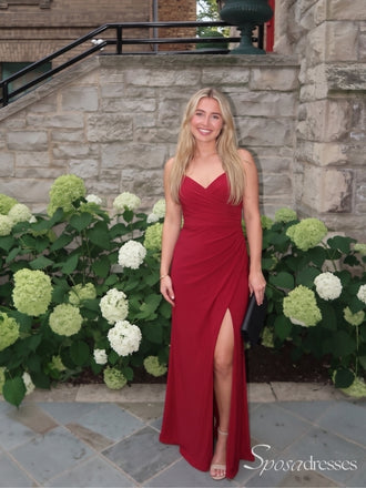 Red V-Neck Spaghetti Strap Twist Cutout Back Long Prom Dress with Slit PD26073