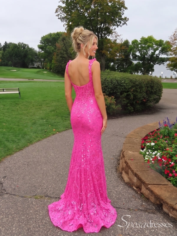 Hot Pink Square Neck Lace Corset Mermaid Prom Dress with Train PD26075