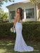 Light Blue Floral Lace V-Neck Mermaid Prom Dress with Train PD26082