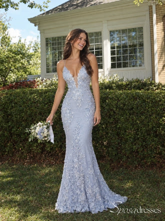 Light Blue Floral Lace V-Neck Mermaid Prom Dress with Train PD26082