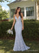 Light Blue Floral Lace V-Neck Mermaid Prom Dress with Train PD26082