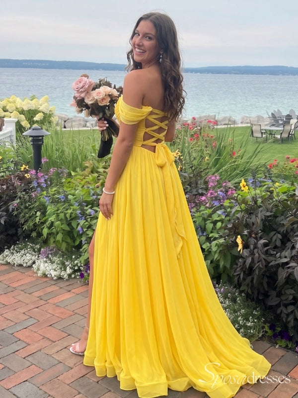 Yellow Off-the-Shoulder Sweetheart A-Line Prom Dress with Slit PD26091