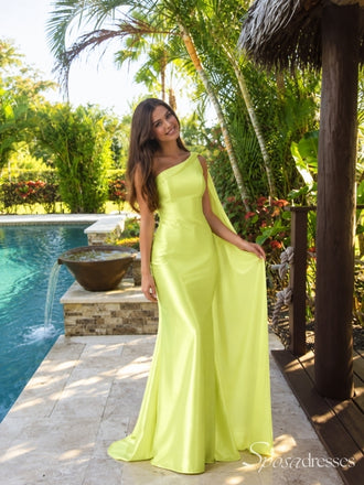 Lime Yellow One-Shoulder Long Prom Dress with Cape Drape PD26092