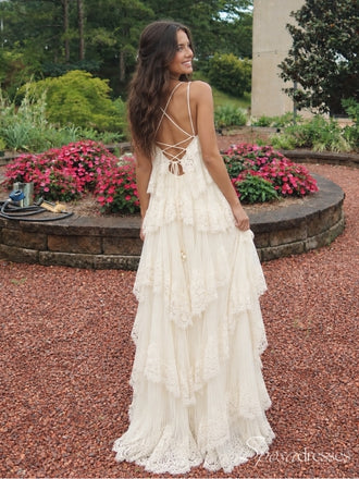 Ivory Tiered Lace Spaghetti Strap Long Prom Dress with Lace-Up Back PD26097