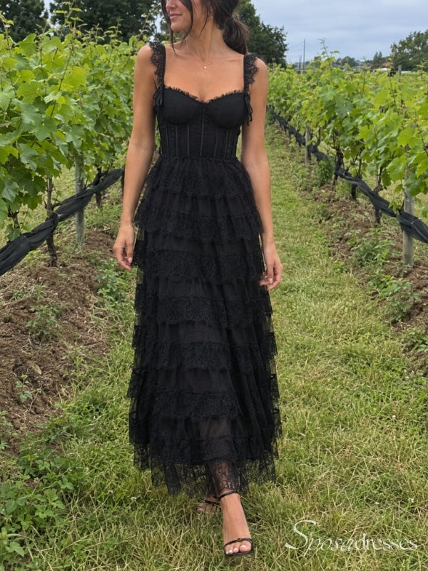 Black Lace Sweetheart Corset Tiered Midi Prom Dress PD26100