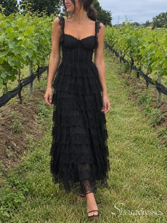 Black Lace Sweetheart Corset Tiered Midi Prom Dress PD26100