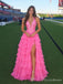 Bright Pink Plunging V-Neck Corset Tiered Prom Dress with Slit PD26101