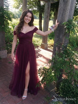 Burgundy Off-Shoulder Sweetheart A-Line Prom Dress with Slit PD26105