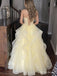 Light Yellow Lace Corset Tiered Ruffle Prom Dress with Lace-Up Back PD26107