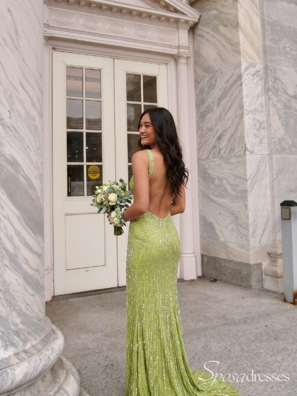 Lime Green Sparkly V-Neck Prom Dress with Slit and Low Back PD26109