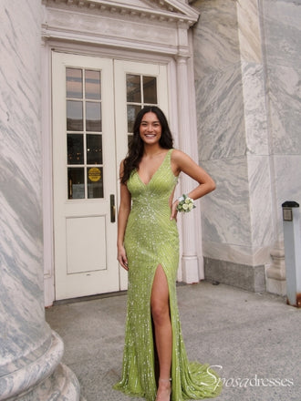 Lime Green Sparkly V-Neck Prom Dress with Slit and Low Back PD26109