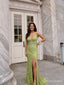 Lime Green Sparkly V-Neck Prom Dress with Slit and Low Back PD26109
