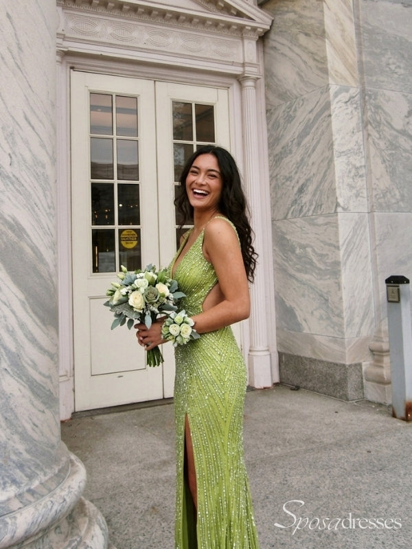 Lime Green Sparkly V-Neck Prom Dress with Slit and Low Back PD26109