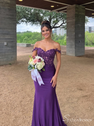 Purple Off-Shoulder Lace Bodice Ruched Long Prom Dress with Train PD26111