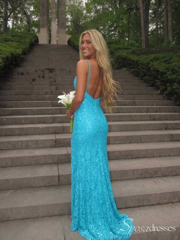 Turquoise Sequin V-Neck Long Prom Dress with Slit and Low Back PD26113