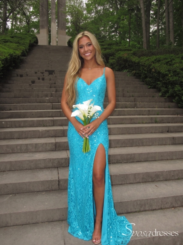 Turquoise Sequin V-Neck Long Prom Dress with Slit and Low Back PD26113