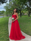Red Straight-Neck Sheer Corset A-Line Prom Dress with Spaghetti Straps PD26114