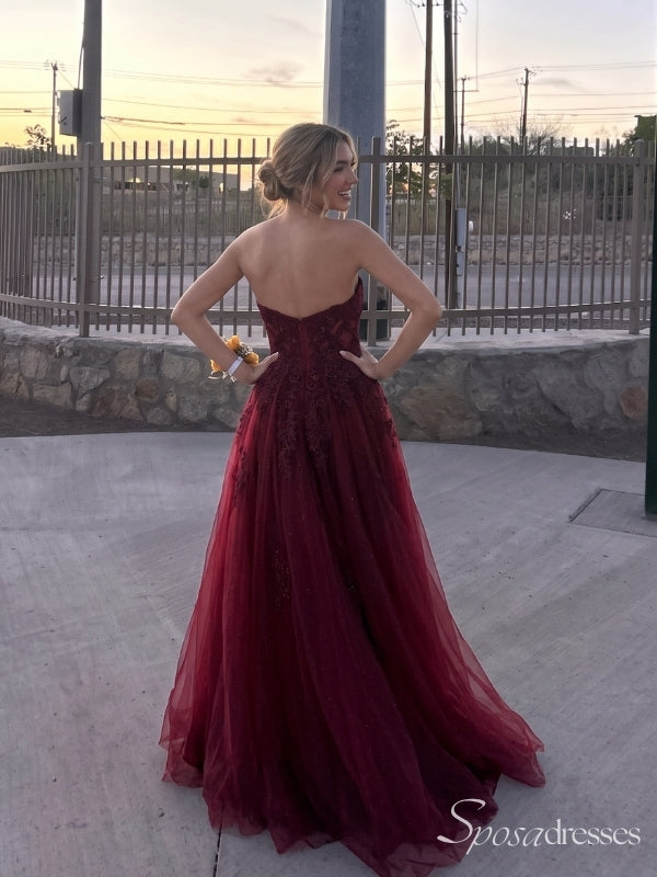 Burgundy Strapless Lace Corset A-Line Prom Dress with Slit PD26115
