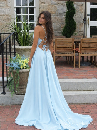 Light Blue Cowl Neck A-Line Prom Dress with Slit and Lace-Up Back PD26116