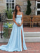 Light Blue Cowl Neck A-Line Prom Dress with Slit and Lace-Up Back PD26116
