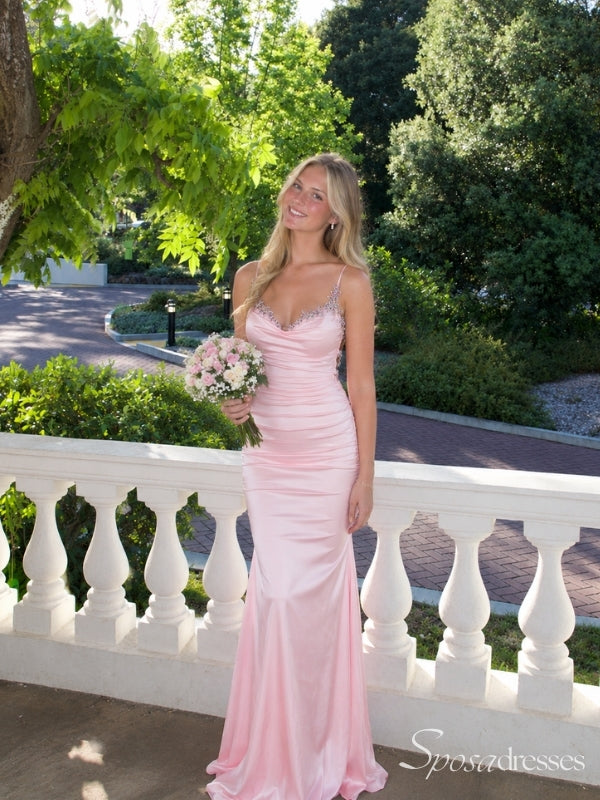 Light Pink Beaded Cowl Neck Fitted Prom Dress with Open Back PD26117