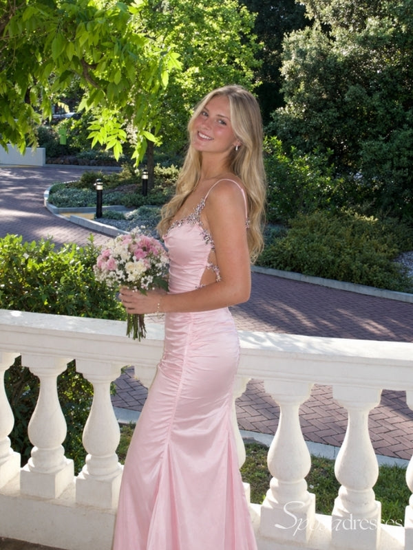 Light Pink Beaded Cowl Neck Fitted Prom Dress with Open Back PD26117