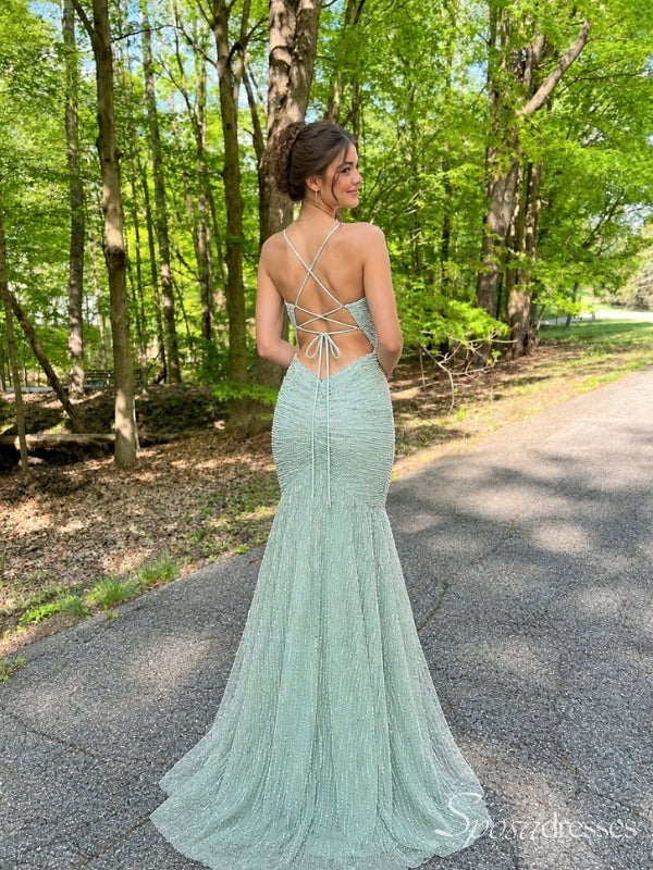 Sage Green Sparkly Mermaid Prom Dress with Lace-Up Back PD26118