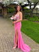 Bright Pink Strapless Beaded Corset Prom Dress with High Slit PD26121