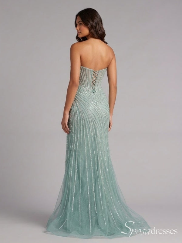 Sage Green Strapless Beaded Prom Dress with High Slit PD26122