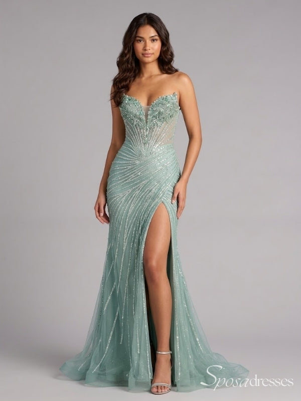 Sage Green Strapless Beaded Prom Dress with High Slit PD26122
