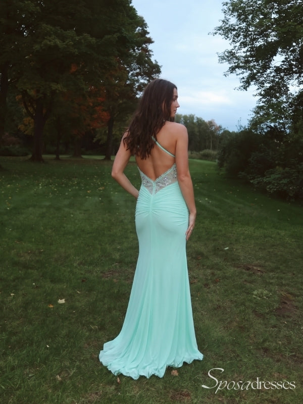 Mint Green Beaded Corset Prom Dress with Spaghetti Straps and Slit PD26126