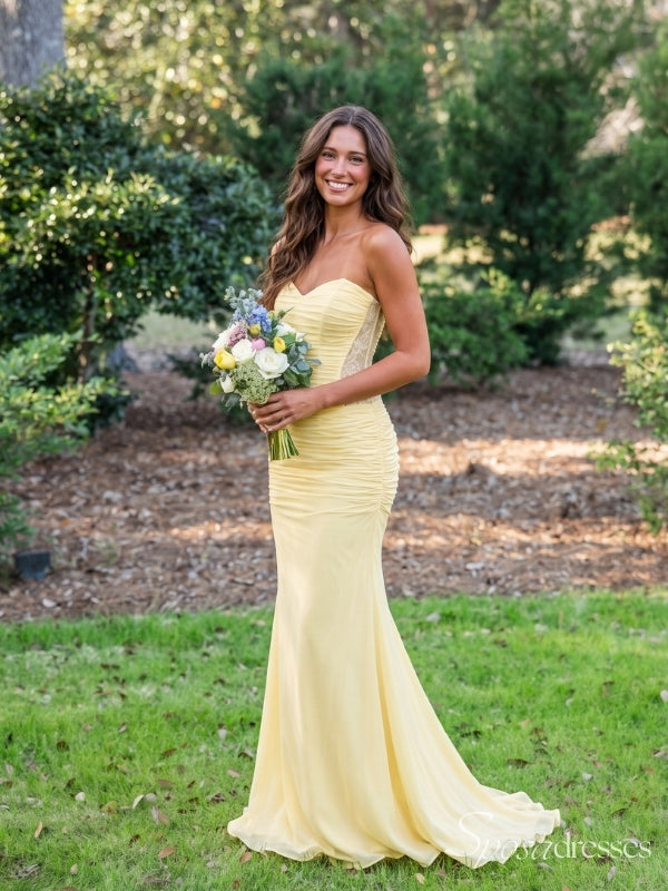 Light Yellow Strapless Ruched Prom Dress with Sheer Sides PD26129