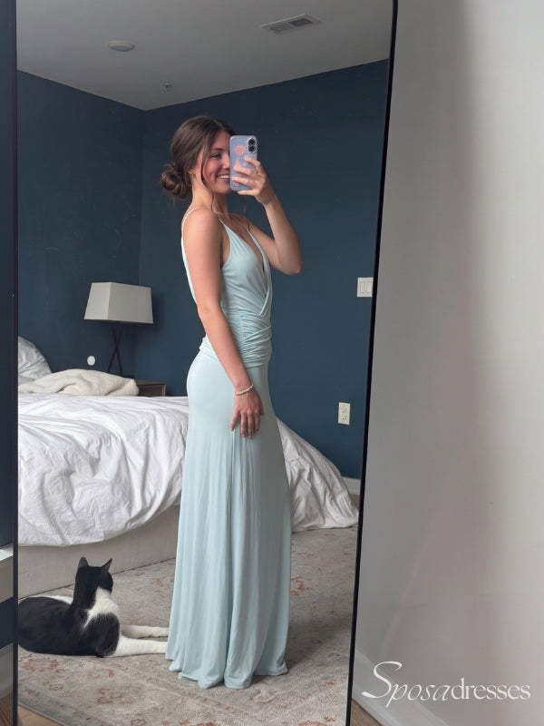 Light Mint Green V-Neck Ruched Prom Dress with Low Back PD26133