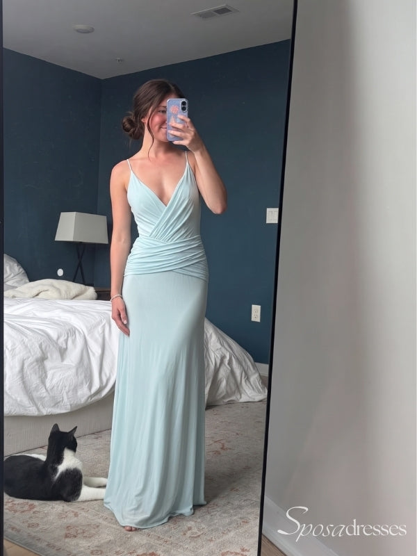 Light Mint Green V-Neck Ruched Prom Dress with Low Back PD26133