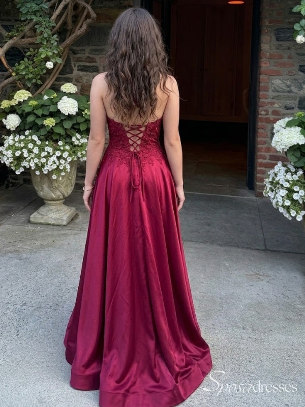 Burgundy Halter Lace Corset A-Line Satin Prom Dress PD26134