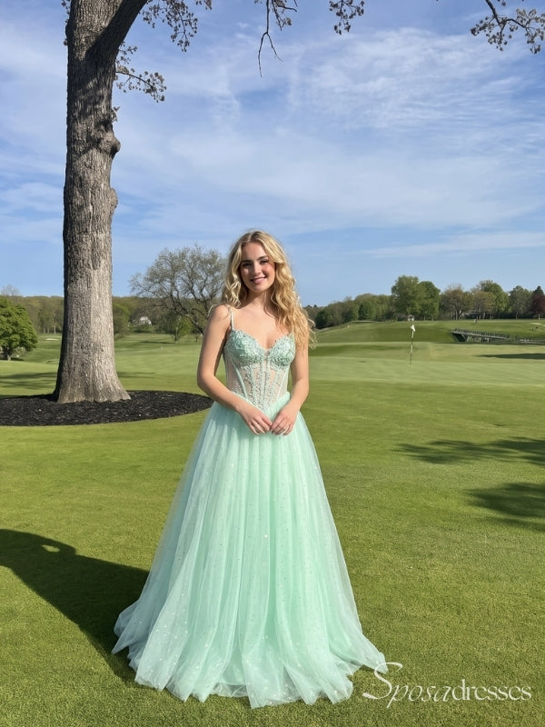 Mint Green Beaded Corset Tulle Prom Dress with Slit PD26135