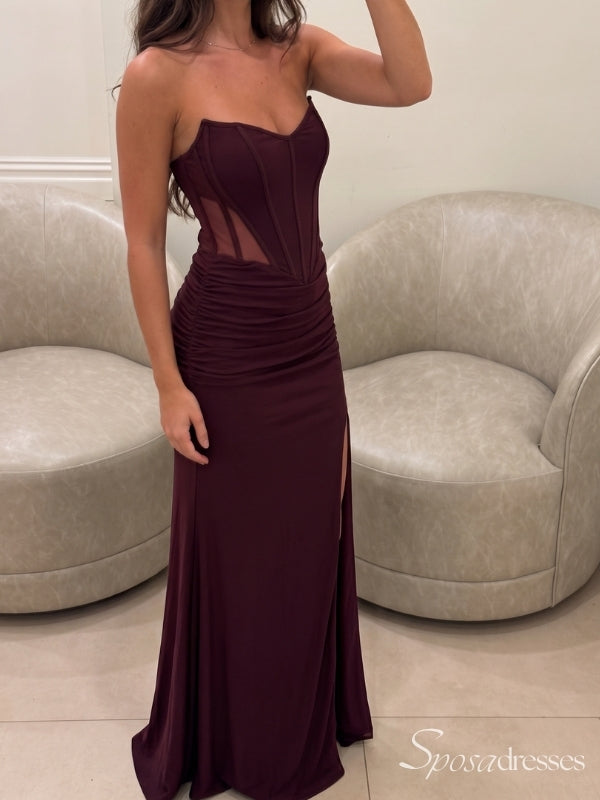 Burgundy Strapless Corset Prom Dress with Slit PD26137