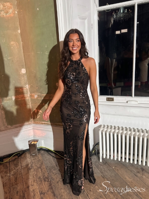 Black Floral Sequin Halter Prom Dress with Slit PD26138