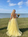Light Yellow V-Neck Lace Tulle Prom Dress with Slit PD26140