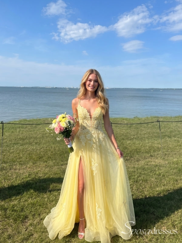 Light Yellow V-Neck Lace Tulle Prom Dress with Slit PD26140