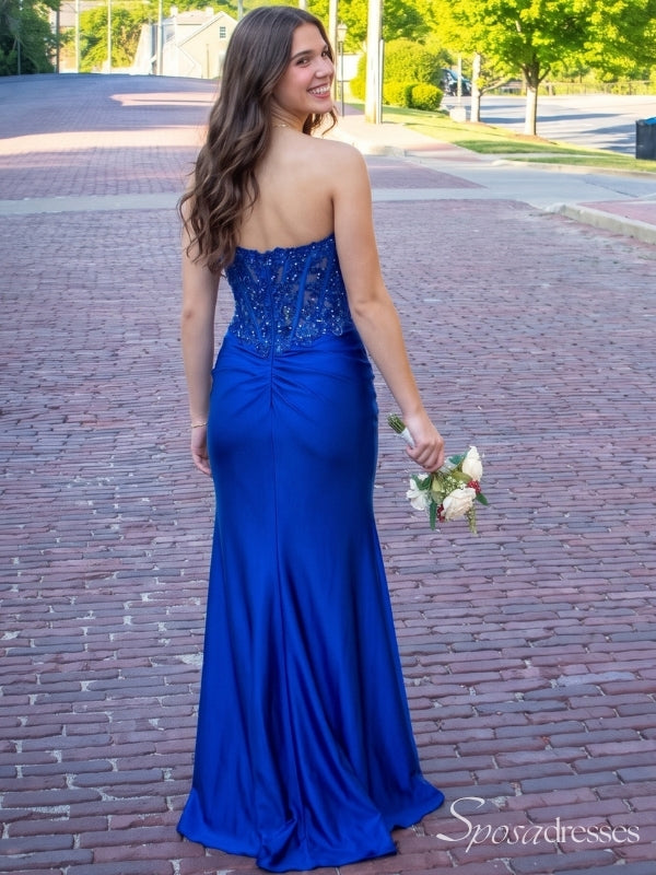 Royal Blue Strapless Beaded Corset Prom Dress with Slit PD26141