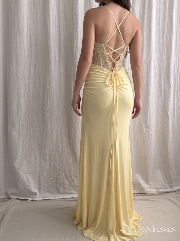 Light Yellow Beaded Corset Prom Dress with Slit PD26142