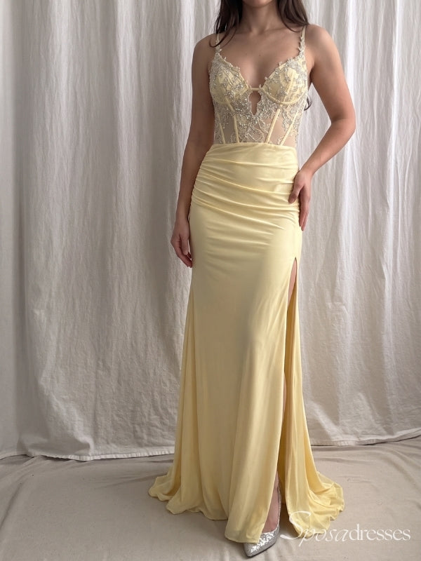 Light Yellow Beaded Corset Prom Dress with Slit PD26142