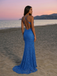 Royal Blue Sequined Lace V Neck Open Back Mermaid Prom Dress, 26022