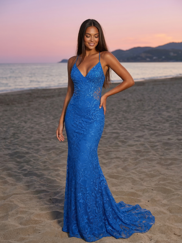 Royal Blue Sequined Lace V Neck Open Back Mermaid Prom Dress, 26022