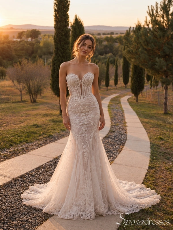 Floral Lace Strapless Mermaid Wedding Dress WD26020
