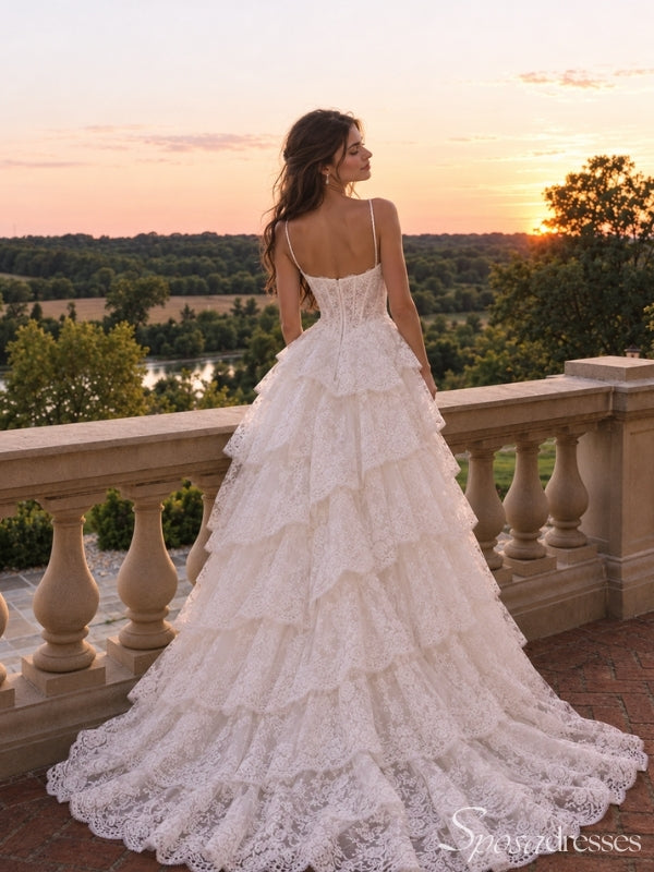 Spaghetti Strap Lace Ruffle Ball Gown Wedding Dress WD26025