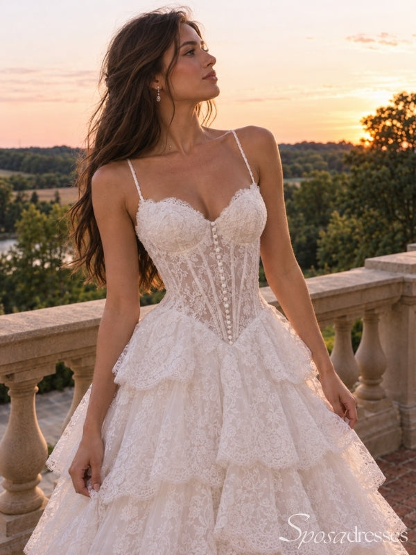 Spaghetti Strap Lace Ruffle Ball Gown Wedding Dress WD26025