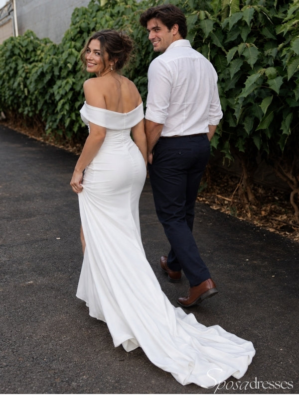 Off-Shoulder Ruched Wedding Dress with Thigh Slit WD26026