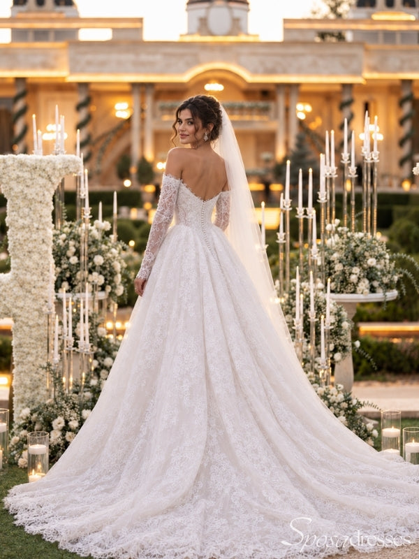 Off-Shoulder Long Sleeve Lace Ball Gown Wedding Dress WD26028
